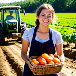 ** A young intern, covered in soil, smiling while holding a basket overflowing with vibrant, freshly harvested organic vegetables on a sunny day at a bustling organic farm. Tractors are visible in the background, and other farmworkers are tending to rows of crops. The overall feel is one of hard work, satisfaction, and connection to nature. Golden hour lighting.

**