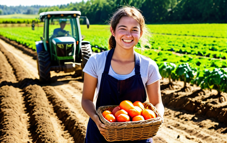 ** A young intern, covered in soil, smiling while holding a basket overflowing with vibrant, freshly harvested organic vegetables on a sunny day at a bustling organic farm. Tractors are visible in the background, and other farmworkers are tending to rows of crops. The overall feel is one of hard work, satisfaction, and connection to nature. Golden hour lighting.
**