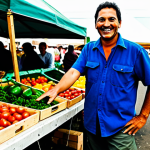 A professional organic farmer, fully clothed in modest, practical work attire (like a sturdy shirt, work pants, and boots), stands proudly behind a well-organized stall at a vibrant outdoor farmers' market. The stall is laden with a colorful array of fresh, organic vegetables and fruits, artfully displayed. The farmer is smiling, engaging with a customer in the foreground, perhaps gesturing towards a basket of ripe tomatoes. The background shows blurred market activity with other stalls and diverse shoppers. The scene captures the essence of direct-to-consumer sales and community connection. safe for work, appropriate content, family-friendly, perfect anatomy, correct proportions, natural pose, well-formed hands, proper finger count, natural body proportions, professional photography, high quality.