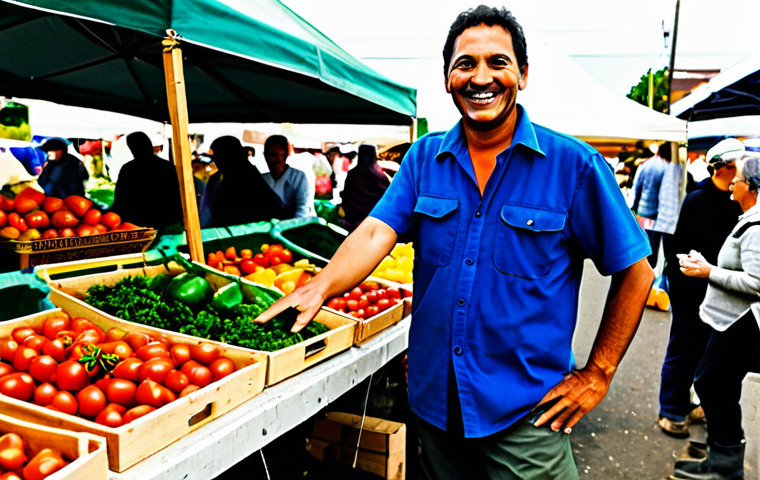 A professional organic farmer, fully clothed in modest, practical work attire (like a sturdy shirt, work pants, and boots), stands proudly behind a well-organized stall at a vibrant outdoor farmers' market. The stall is laden with a colorful array of fresh, organic vegetables and fruits, artfully displayed. The farmer is smiling, engaging with a customer in the foreground, perhaps gesturing towards a basket of ripe tomatoes. The background shows blurred market activity with other stalls and diverse shoppers. The scene captures the essence of direct-to-consumer sales and community connection. safe for work, appropriate content, family-friendly, perfect anatomy, correct proportions, natural pose, well-formed hands, proper finger count, natural body proportions, professional photography, high quality.