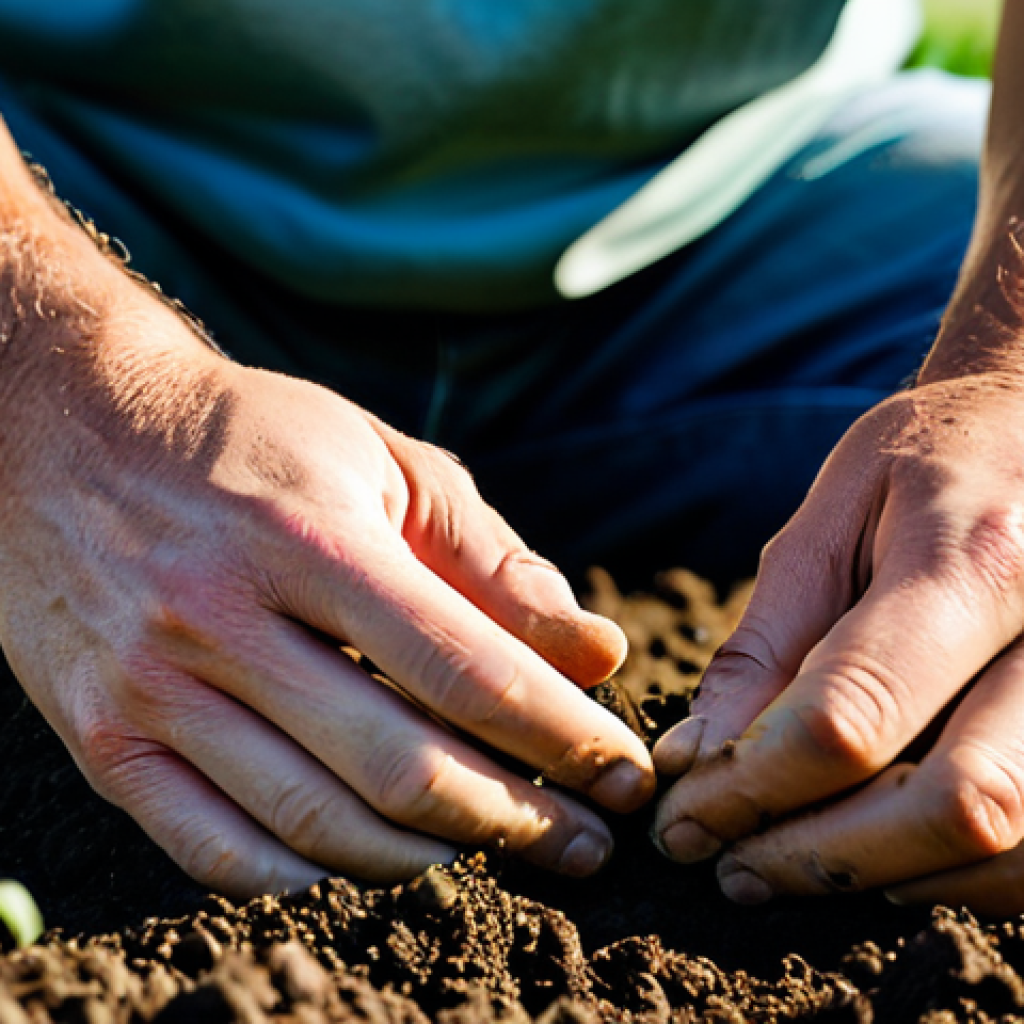 A professional farmer, fully clothed in modest, durable work attire, gently sifts rich, dark organic soil through their hands in a vibrant, sunlit field. Lush, healthy crops and diverse cover plants are visible in the background, emphasizing ecological balance and a deep connection to sustainable agriculture and water management. The atmosphere is one of peaceful stewardship and natural productivity. Professional photography, high detail, perfect anatomy, correct proportions, natural pose, well-formed hands, proper finger count, natural body proportions, safe for work, appropriate content, family-friendly, fully clothed, appropriate attire.