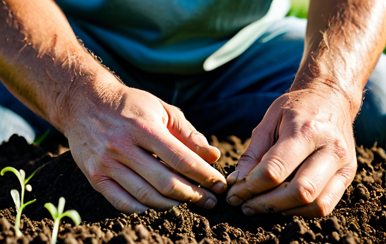 A professional farmer, fully clothed in modest, durable work attire, gently sifts rich, dark organic soil through their hands in a vibrant, sunlit field. Lush, healthy crops and diverse cover plants are visible in the background, emphasizing ecological balance and a deep connection to sustainable agriculture and water management. The atmosphere is one of peaceful stewardship and natural productivity. Professional photography, high detail, perfect anatomy, correct proportions, natural pose, well-formed hands, proper finger count, natural body proportions, safe for work, appropriate content, family-friendly, fully clothed, appropriate attire.
