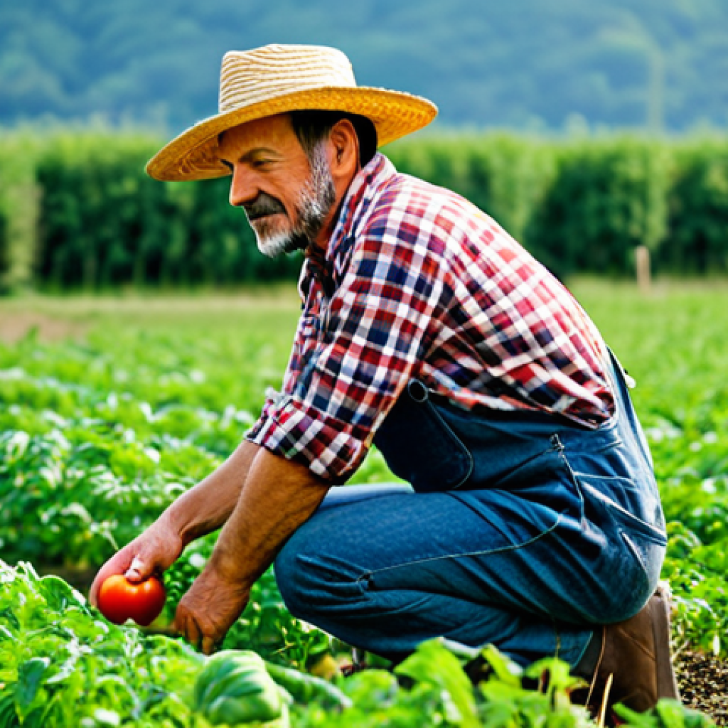 Organic Farmer Inspecting Crops**

"A professional organic farmer, mid-40s, with a weathered but kind face, kneeling in a lush green field inspecting a healthy tomato plant, fully clothed in denim overalls and a plaid shirt, wearing a straw hat, appropriate attire, safe for work, perfect anatomy, correct proportions, natural pose, well-formed hands, proper finger count, natural body proportions, bright sunny day, shallow depth of field, professional photography, high quality, modest attire, family-friendly, focusing on plant health, verdant background with other crops."

**