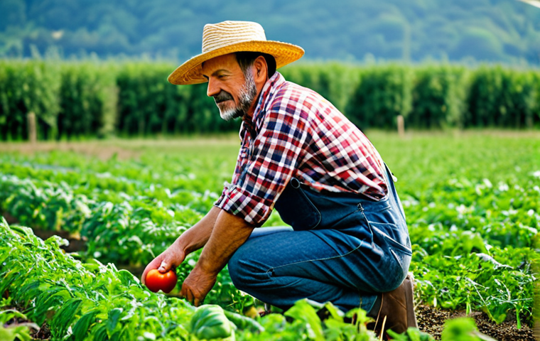 Organic Farmer Inspecting Crops**

"A professional organic farmer, mid-40s, with a weathered but kind face, kneeling in a lush green field inspecting a healthy tomato plant, fully clothed in denim overalls and a plaid shirt, wearing a straw hat, appropriate attire, safe for work, perfect anatomy, correct proportions, natural pose, well-formed hands, proper finger count, natural body proportions, bright sunny day, shallow depth of field, professional photography, high quality, modest attire, family-friendly, focusing on plant health, verdant background with other crops."

**