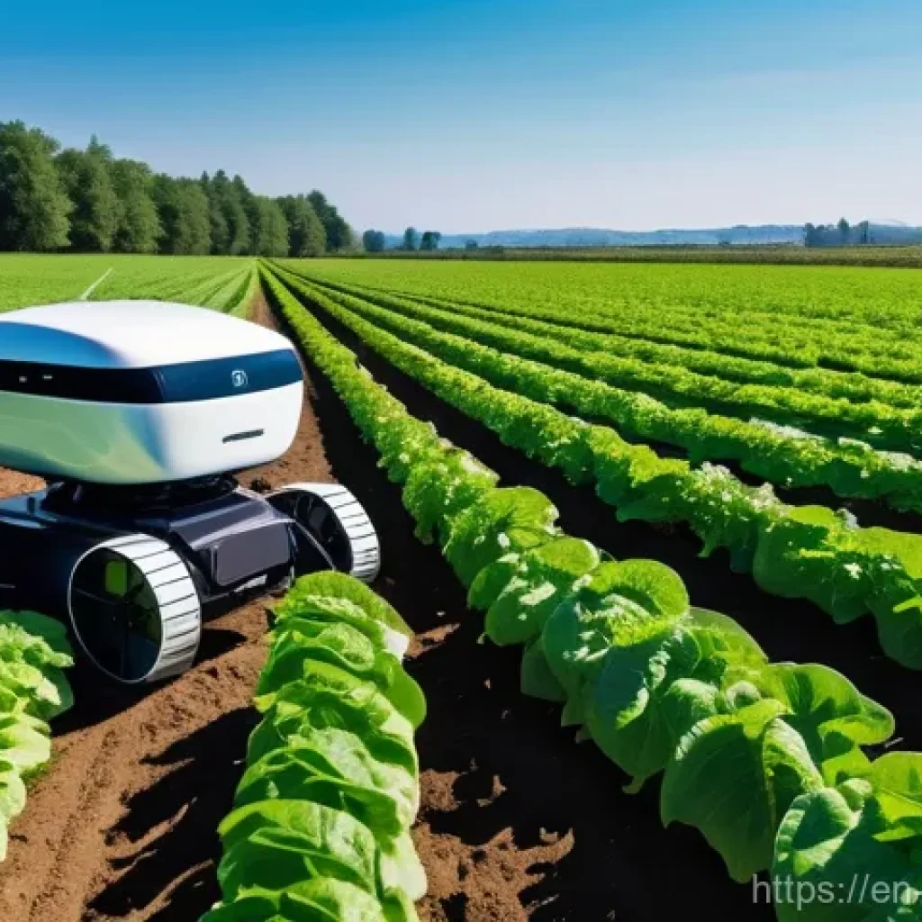 유기농업 실무 트렌드 - **Precision Organic Field with AI Robot**
A wide, sun-drenched shot of a vast organic farm field...