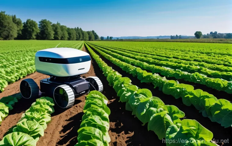 유기농업 실무 트렌드 - **Precision Organic Field with AI Robot**
    A wide, sun-drenched shot of a vast organic farm field...