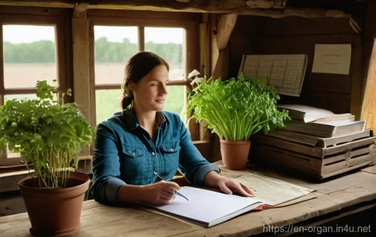 유기농업 자격증 취득 후 업무 변화 - **Prompt 1: The Organic Farmer's Study**
    "A diligent female farmer in her late 30s, with a warm ...