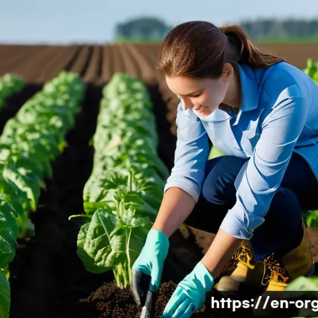 유기농업 자격증을 위한 실기 문제 해결 - A focused shot of a dedicated female organic farmer, in her late 20s, with a gentle smile, carefully...