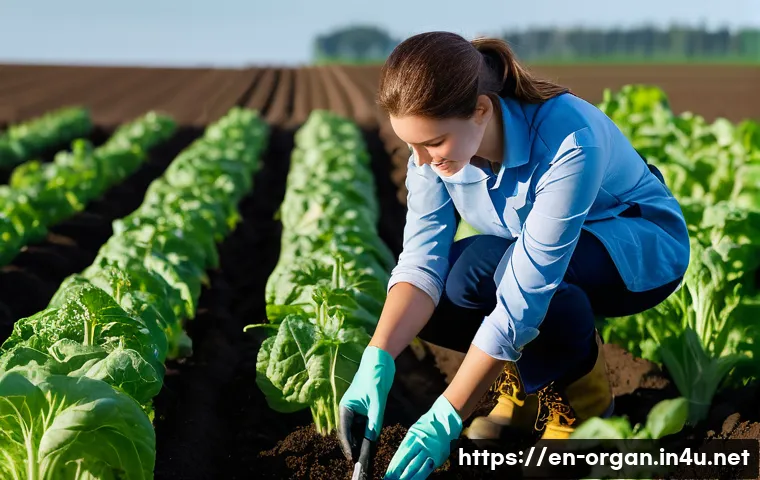 유기농업 자격증을 위한 실기 문제 해결 - A focused shot of a dedicated female organic farmer, in her late 20s, with a gentle smile, carefully...