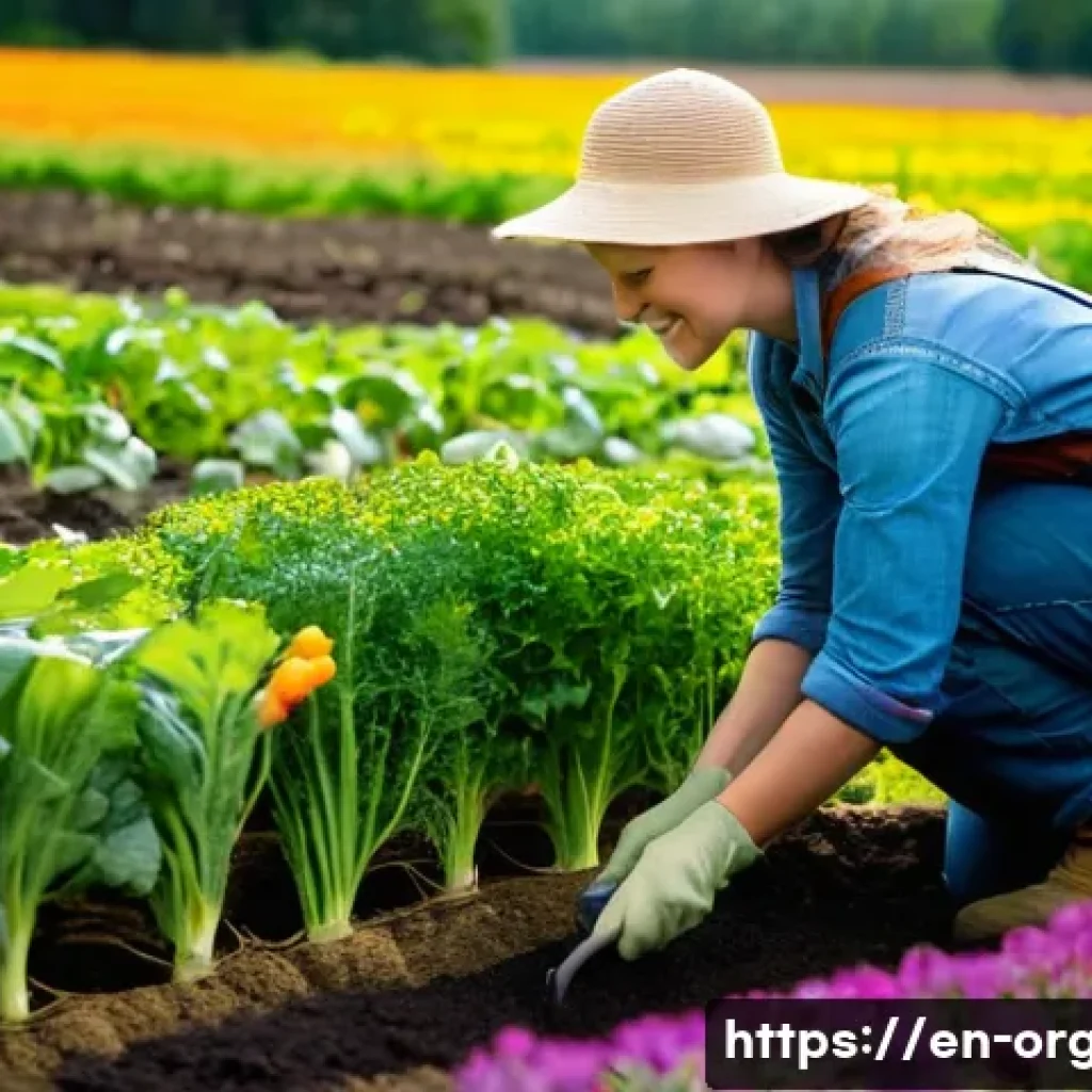 유기농업 자격시험 준비 - **Prompt**: "A wide shot of a cheerful female organic farmer in her late 30s, wearing practical work...
