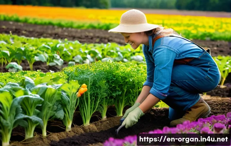 유기농업 자격시험 준비 - **Prompt**: "A wide shot of a cheerful female organic farmer in her late 30s, wearing practical work...