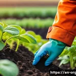 유기농업 분야 인턴십 경험 - A vibrant organic farm scene showcasing rich, dark soil enhanced by compost and cover crops, with vi...