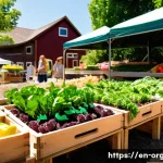 유기농업 연봉 수준과 변화 - A vibrant small-scale organic farm scene showcasing a farmer&rsquo;s market stall in a sunny urban park se...