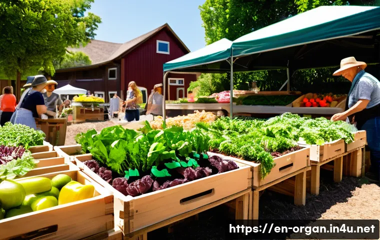 유기농업 연봉 수준과 변화 - A vibrant small-scale organic farm scene showcasing a farmer’s market stall in a sunny urban park se...
