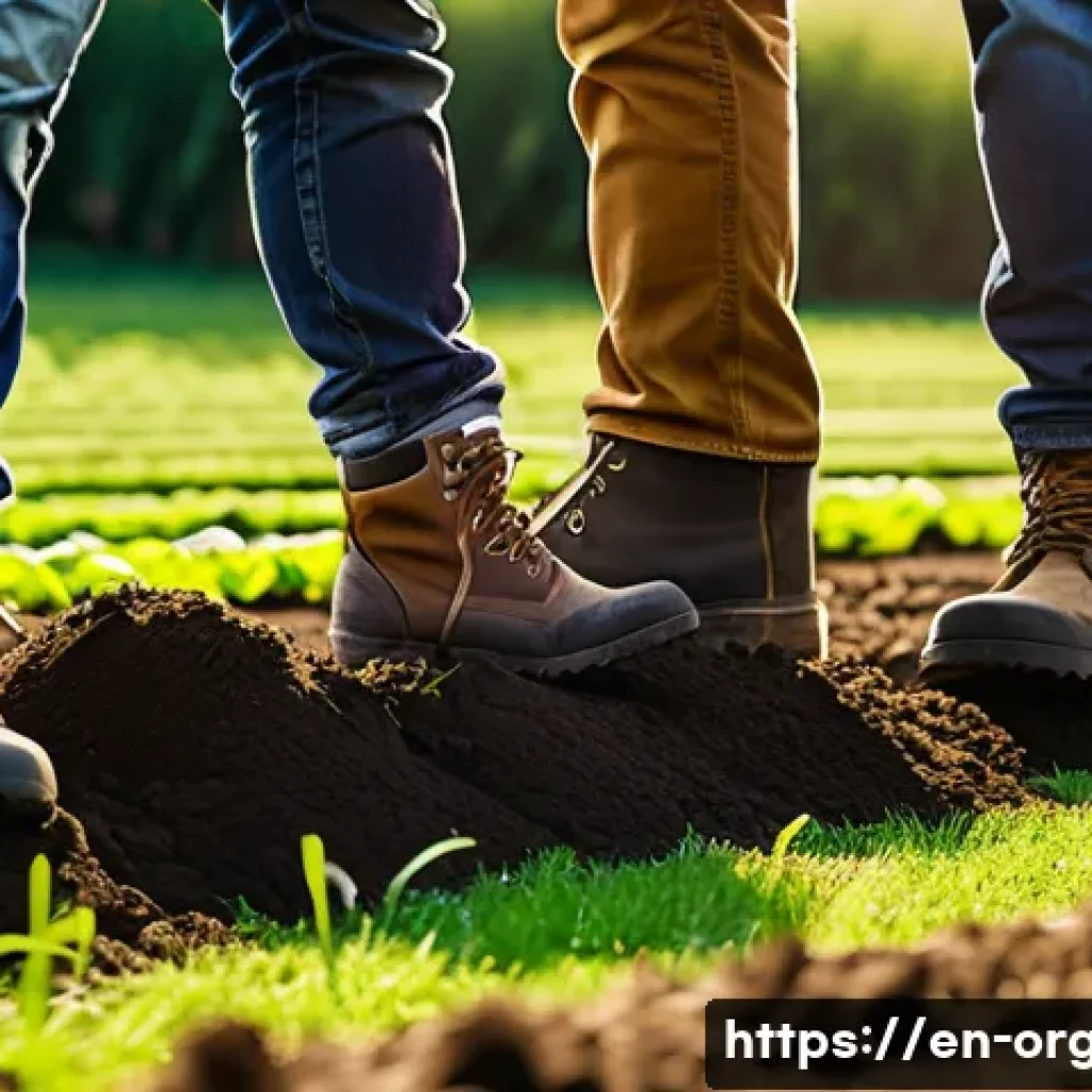 유기농업 분야 취업 전략 - A diverse group of organic farm workers wearing practical clothing and sturdy boots, actively engage...