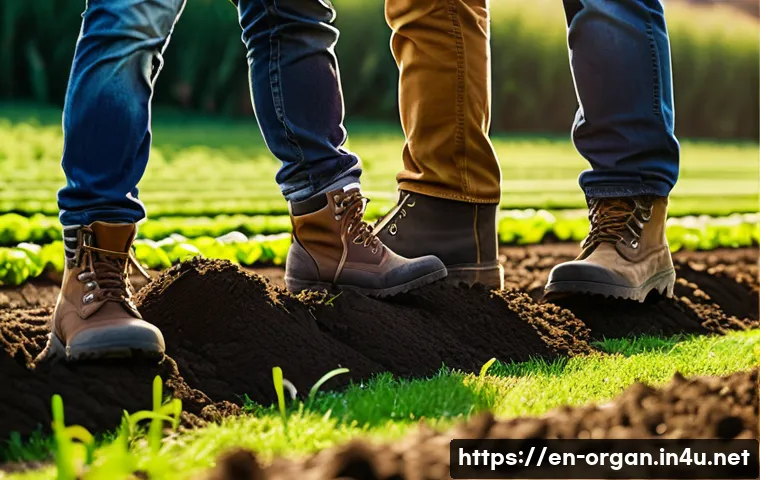 유기농업 분야 취업 전략 - A diverse group of organic farm workers wearing practical clothing and sturdy boots, actively engage...