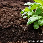유기농업 자격증 시험 기출문제 - A vibrant organic farm soil cross-section showing rich, dark soil teeming with diverse microorganism...