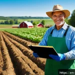 유기농업 자격증 취득과정 - A vibrant, sunlit organic farm landscape showcasing diverse crops growing in well-planned crop rotat...