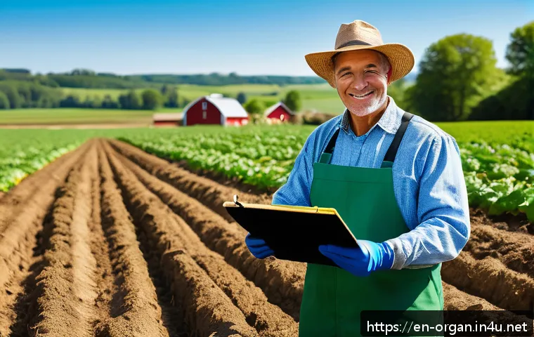 유기농업 자격증 취득과정 - A vibrant, sunlit organic farm landscape showcasing diverse crops growing in well-planned crop rotat...