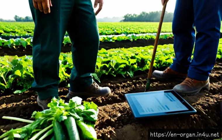 유기농업 업무사례 분석 - Photorealistic organic farm case analysis scene, two agricultural consultants in practical field clo...