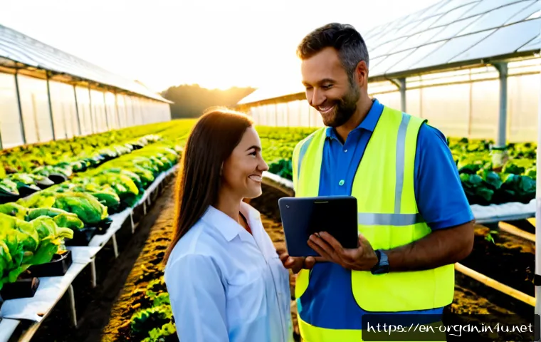 Home 14 유기농업 연봉 상승 전략 - Photorealistic organic farm manager in clean practical workwear reviewing a tablet with a confident ...